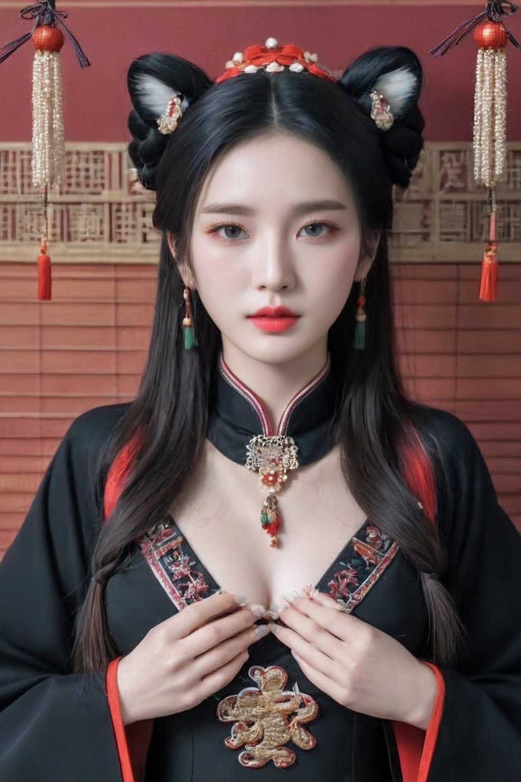 1girl, (jiangshi),  solo, china dress, (ofuda on forehead), (qing_guanmao),(The skin color of a corpse:1.4), (angry:1.5), 
long fingernails, talisman, black hair, simple background, braid, long hair, white background, sharp fingernails, qing guanmao, ofuda, necklace, twin braids, green eyes, full body, beads, looking at viewer, jewelry, dress, chinese clothes, red headwear, parted lips, bead necklace, wide sleeves, black dress, tassel, long sleeves, very long fingernails, black footwear, blue fire, pale skin, standing, blue eyes, qing_guanmao, zombi, Chinese zombies, No blood-colored skin, cold shades, Showing tiger teeth,jiangshi,qing_guanmao