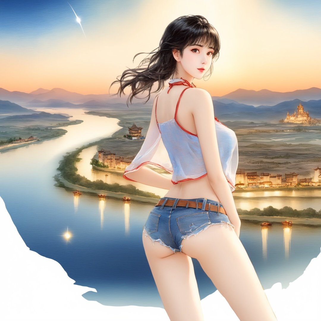 linewatercolor,qingqududou,masterpiece,best quality,(photorealistic:1.4),lens flare,(from_above:1.2),(cityscape:1.3),(full body:1.3),shore,river,moonlight,see-through,(cowboy_shot:1.2),sky,large breasts,chunlis2,(ultra detailed:1.3),unity 8k wallpaper,blunt bangs,black hair,1girl,solo,realistic,<lora:linewatercolorsdxl88-000002:1> <lora:qingqududousdxl:1>