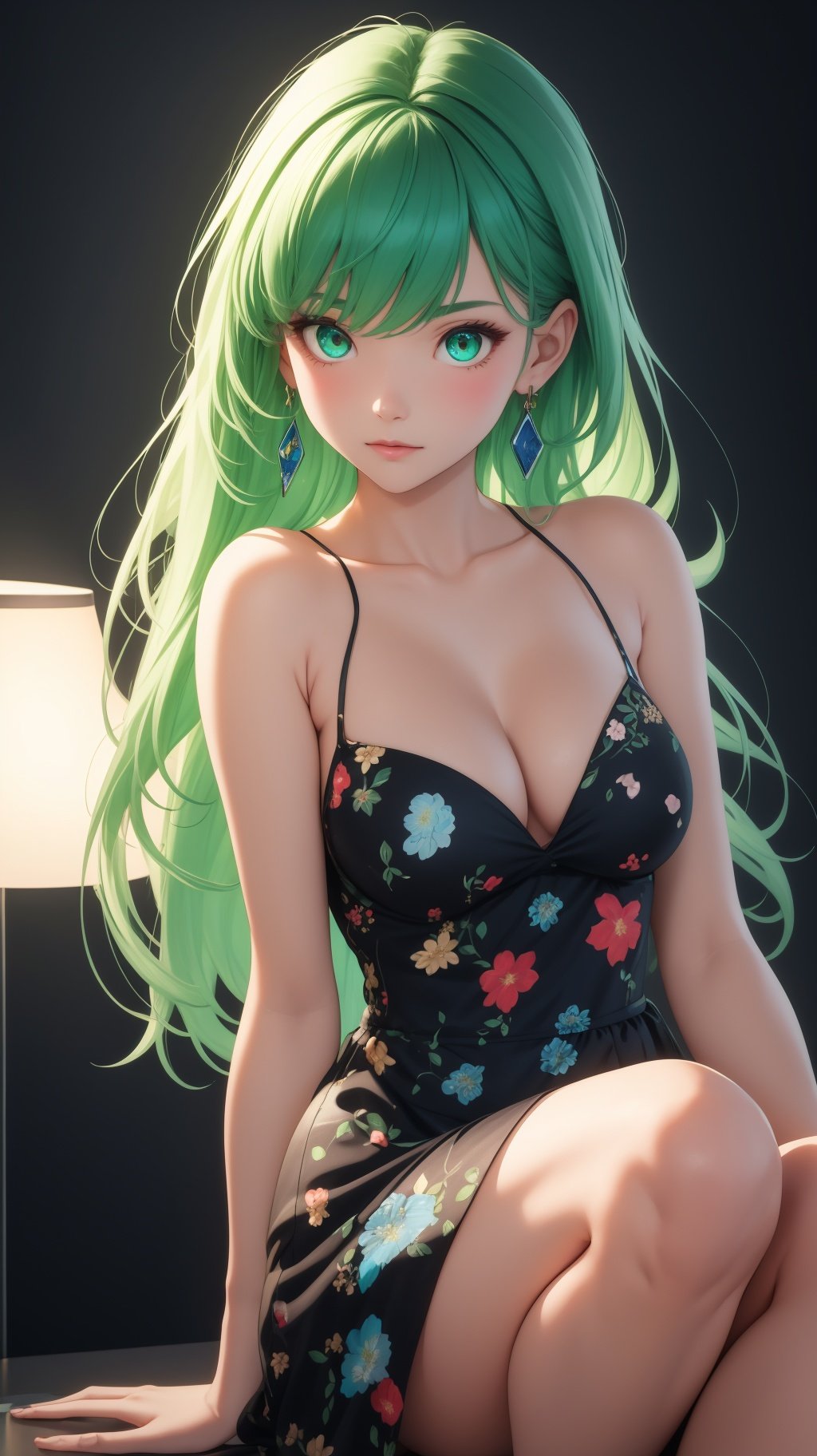 A beautiful girl with off-white long hair,  white luminous eyes,  green luminous earrings by Raelina on Tensor.Art