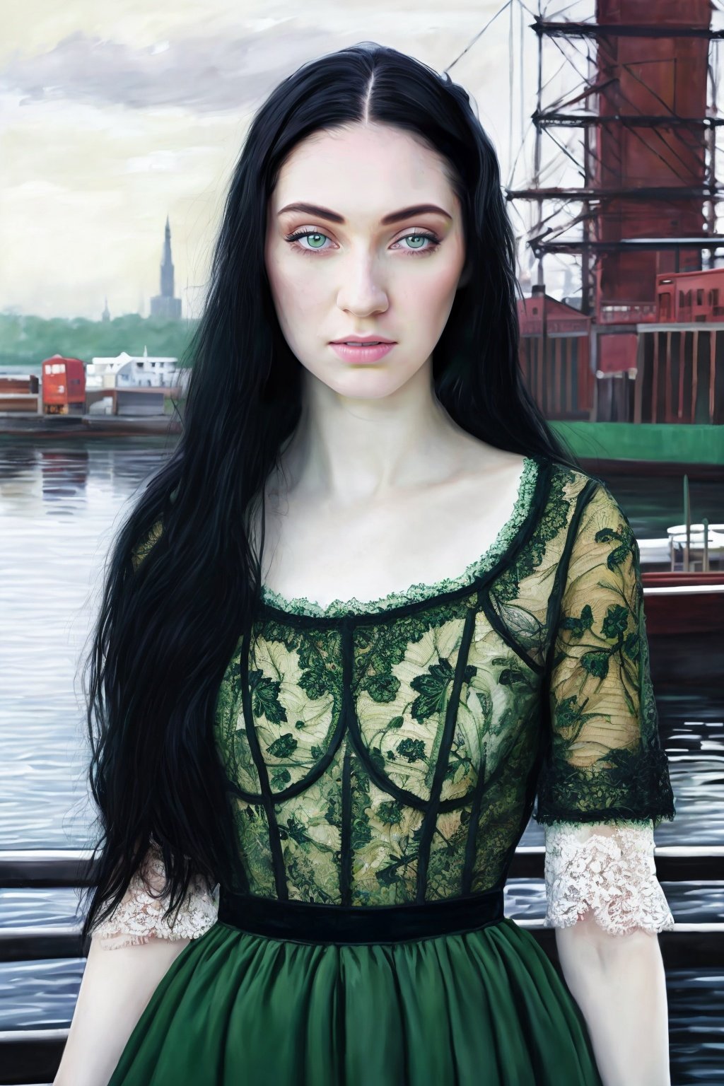 portrait wo_arialex01, hyperrealistic oil painting, looking at the camera, green eyes, long black hair, wearing a vintage dress and lace trim, hyperdetailed, pale skin, detailed skin texture, ((best quality)), ((masterpiece)), in the docks,<lora:woAriaAlex01:0.85>