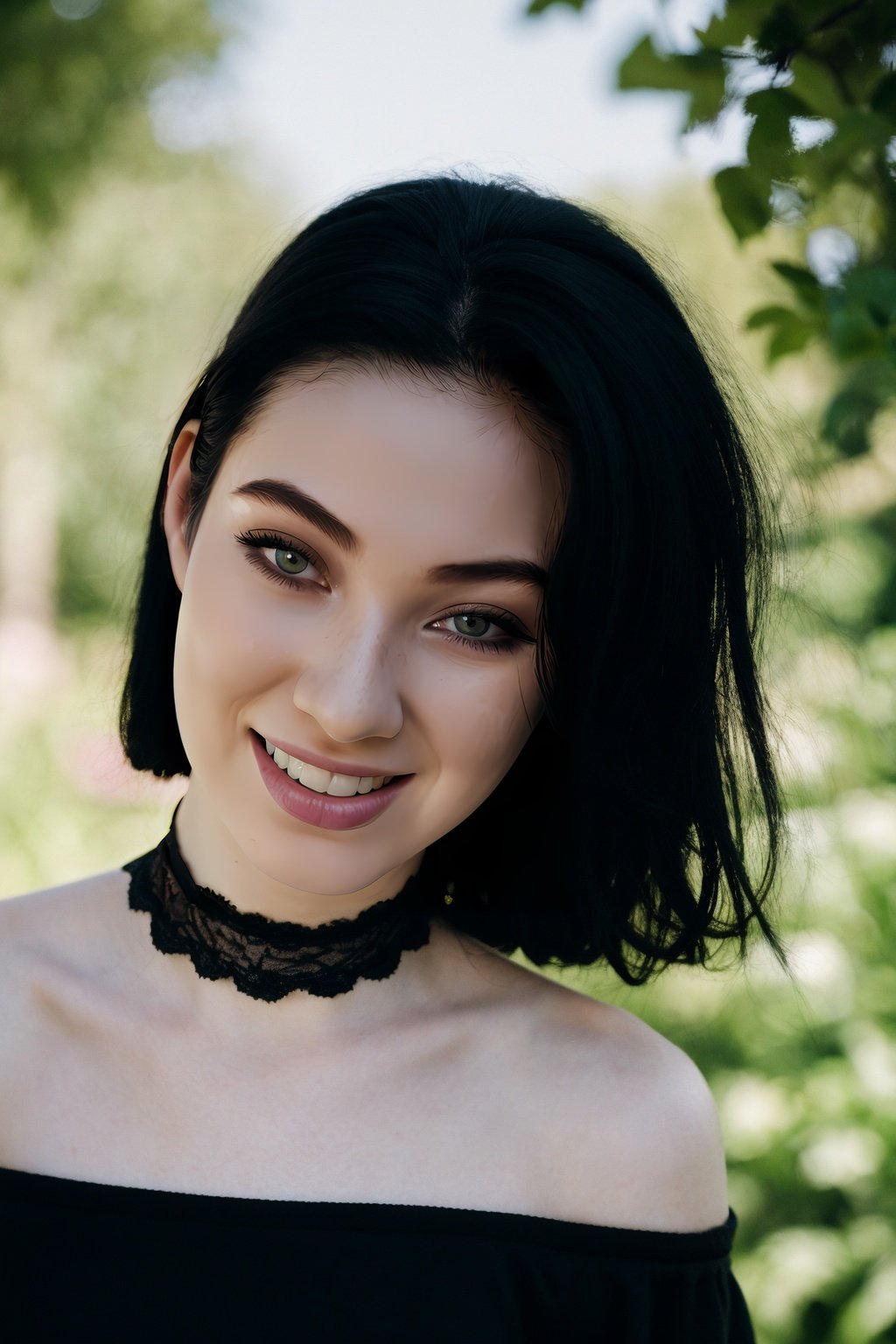 head and shoulder shot, a portrait of a beauty wo_arialex01, big smile, pale skin, black lace choker, (green eyes:0.5), black shirt, detailed skin,(high detailed:1.2), 8k, uhd, dslr, soft lighting, high quality, film grain, Fujifilm XT3,,<lora:woAriaAlex01:0.85>