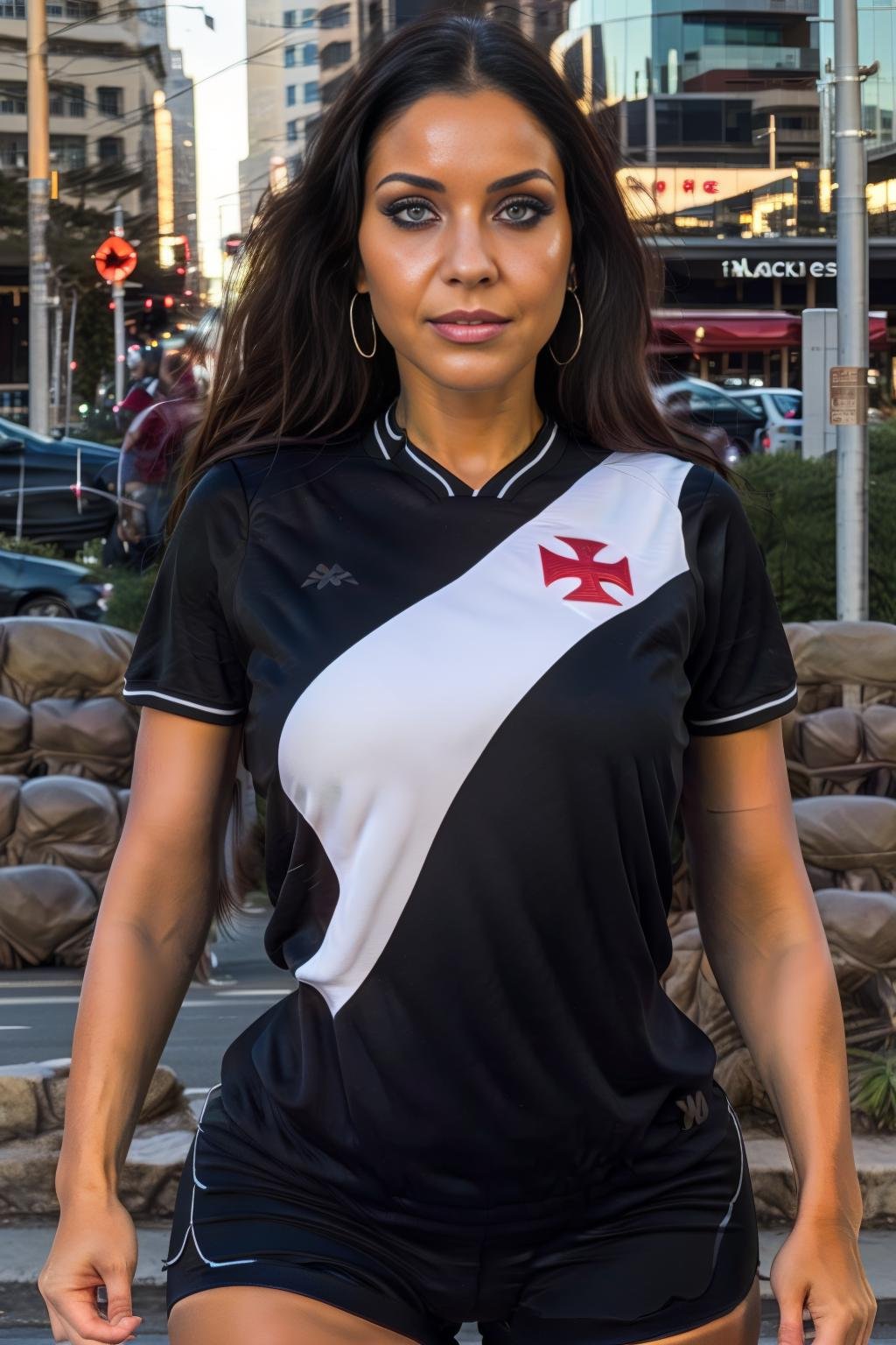 latina woman wearing vasco jersey, vascojersey, red maltese cross,  at the city, black shorts, masterpiece,  highres, absurdres, perfect face, detailed eyes, detailed face, artstation, stanley artgerm, excellent rendition <lora:Vasco4:0.86> <lora:LowRA:0.1>  <lora:insta_baddies_v1:0.5>