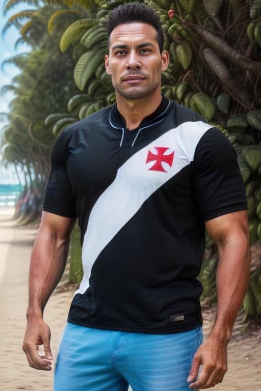 man wearing vasco jersey, vascojersey, red maltese cross,  at the (city | beach | forest ), (denim pants | black shorts ), masterpiece,  highres, absurdres, perfect face, detailed eyes, detailed face, artstation, stanley artgerm, excellent rendition <lora:Vasco4:0.88>