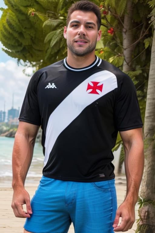 man wearing vasco jersey, vascojersey, red maltese cross,  at the (city | beach | forest ), (denim pants | black shorts ), masterpiece,  highres, absurdres, perfect face, detailed eyes, detailed face, artstation, stanley artgerm, excellent rendition <lora:Vasco4:0.88>