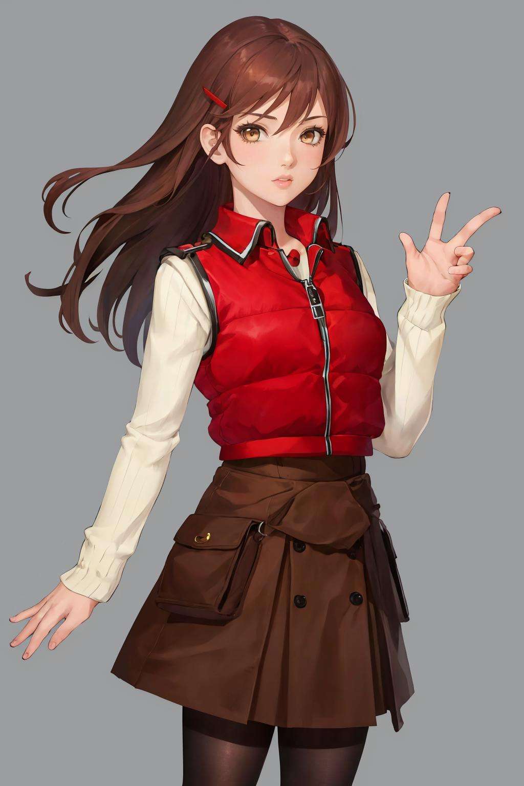 masterpiece, best quality, 1girl, solo, standing, <lora:hitomitono-sh-richy-v1:1> hitomitono, red vest, long sleeves, skirt, pantyhose