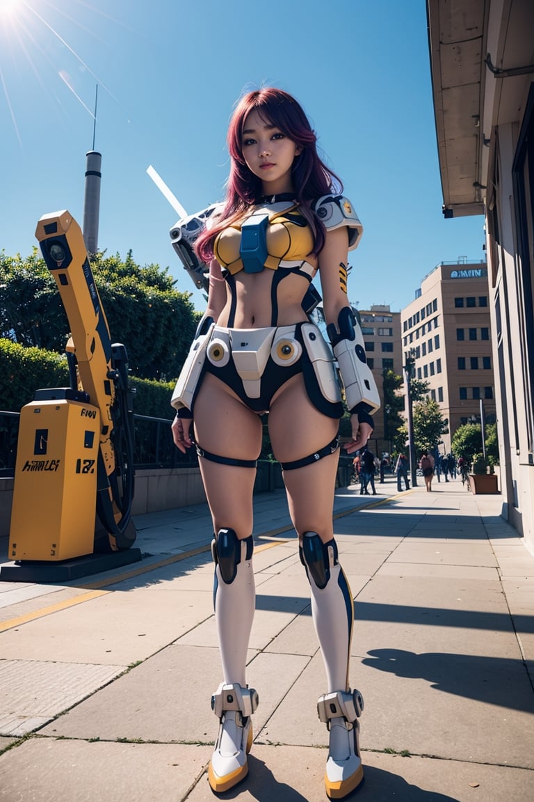 Beautiful iconman girl, full body, mechanical , fighting, mecha_musume,  many led light, park, colorful_hair ,mechanical,  sunlight, 
 gundam_girl,1girl,random viewer