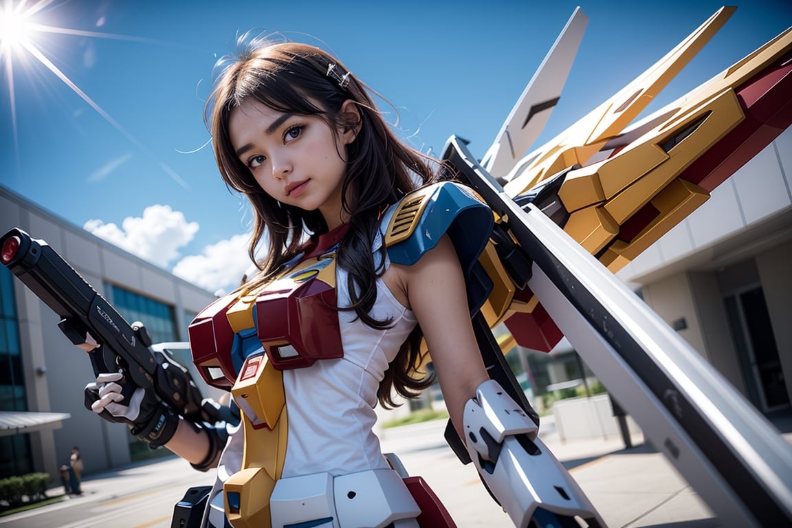 Beautiful iconman girl, upper body, ((metal)) ,  mechanical , fighting, mecha_musume,  many led light, colorful_hair ,mechanical,  floating gun in sky, 
 gundam_girl,1girl,random viewer,metal,BJ_Gundam,mecha musume,mecha_musume,gundam_girl