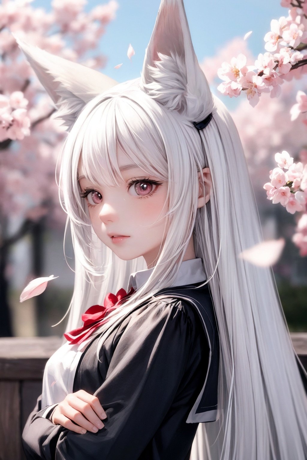 absurdres ,high res, ultimate detailed, high-resolution in elaborateness, large eyes, (pale pink eyes:1.1), drooping eyes  BREAK small breasts, white skin, large fox ears, (pure white fox ears, pure white hair:1.3), long hair BREAK (:3:1), (photorealistic:1.4), RAW photo BREAK ,school uniform, sakura, flying pink petals