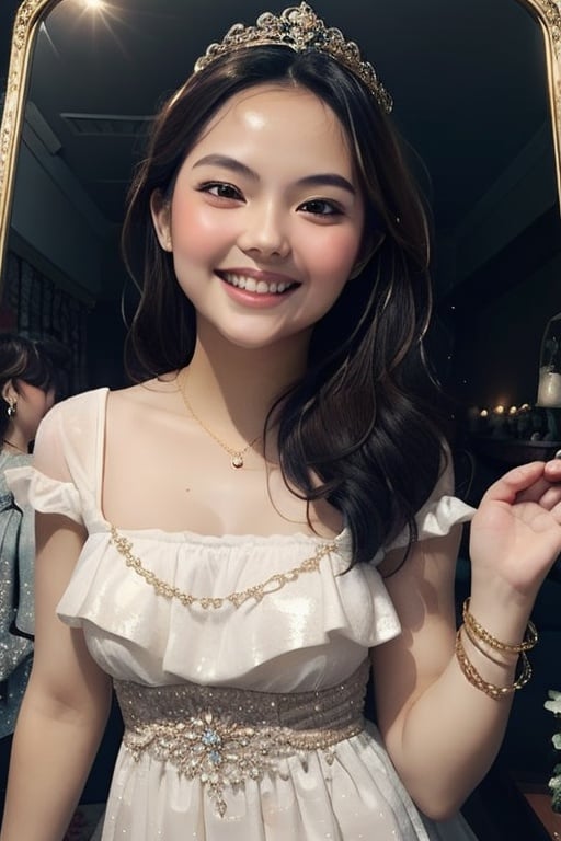 "1girl, 18yo, Cosmic Joy, Celestial Dress, Shimmering Hair, Happy Face, Sparkling Eyes, Vintage Charm, Timeless Elegance, Smiling Aura, Playful Dress, Blissful Mood, Radiant Beauty, Effervescent Glow, Joyful Vibe, Happy Fashion