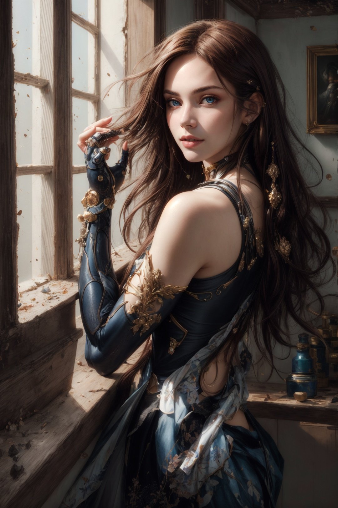 8k portrait of beautiful cyborg with brown hair,  intricate,  elegant,  highly detailed,  majestic,  digital photography,  art by artgerm and ruan jia and greg rutkowski surreal painting (masterpiece,  sidelighting,  finely detailed beautiful eyes: 1.2),  hdr,  (detailed background window to a new dimension,  plants and flowers:0.7), <lora:EMS-179-EMS:0.500000>