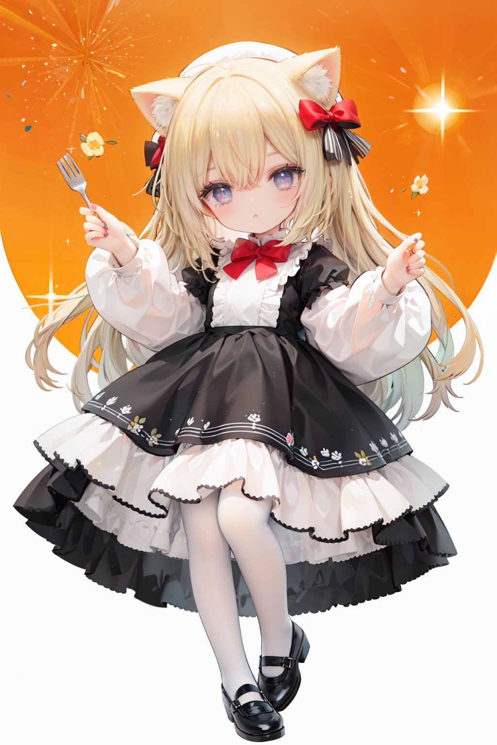 (cinematic lighting),  dreamy atmosphere,  Ray tracing,  (((solo))),  (loli:1.5),  (child:1.5),  (petite:1.5),  green eyes,  (animal ears),  dress,  solo,  food,  blonde hair,  open mouth,  long hair,  pancake,  flower,  holding,  bow,  **ile,  fork,  bird,  socks,  looking at viewer,  shoes,  striped background,  holding fork,  bonnet,  striped,  frills,  long sleeves,  :d,  yellow dress,  bangs,  eyebrows visible through hair,  blush,  green nails,  hair bow,  nail polish,  diagonal stripes,  chick,  sparkle,  frilled dress,  orange bow,  fruit,  full body,  :3,  hair between eyes,  green bow,  puffy sleeves,  heart,  lemon,  orange footwear,  animal ear fluff,  white bow,  cat ears,  bobby socks,  orange headwear,  see-through sleeves,  blue background,  striped bow,  hair ornament,  white legwear,  mary janes