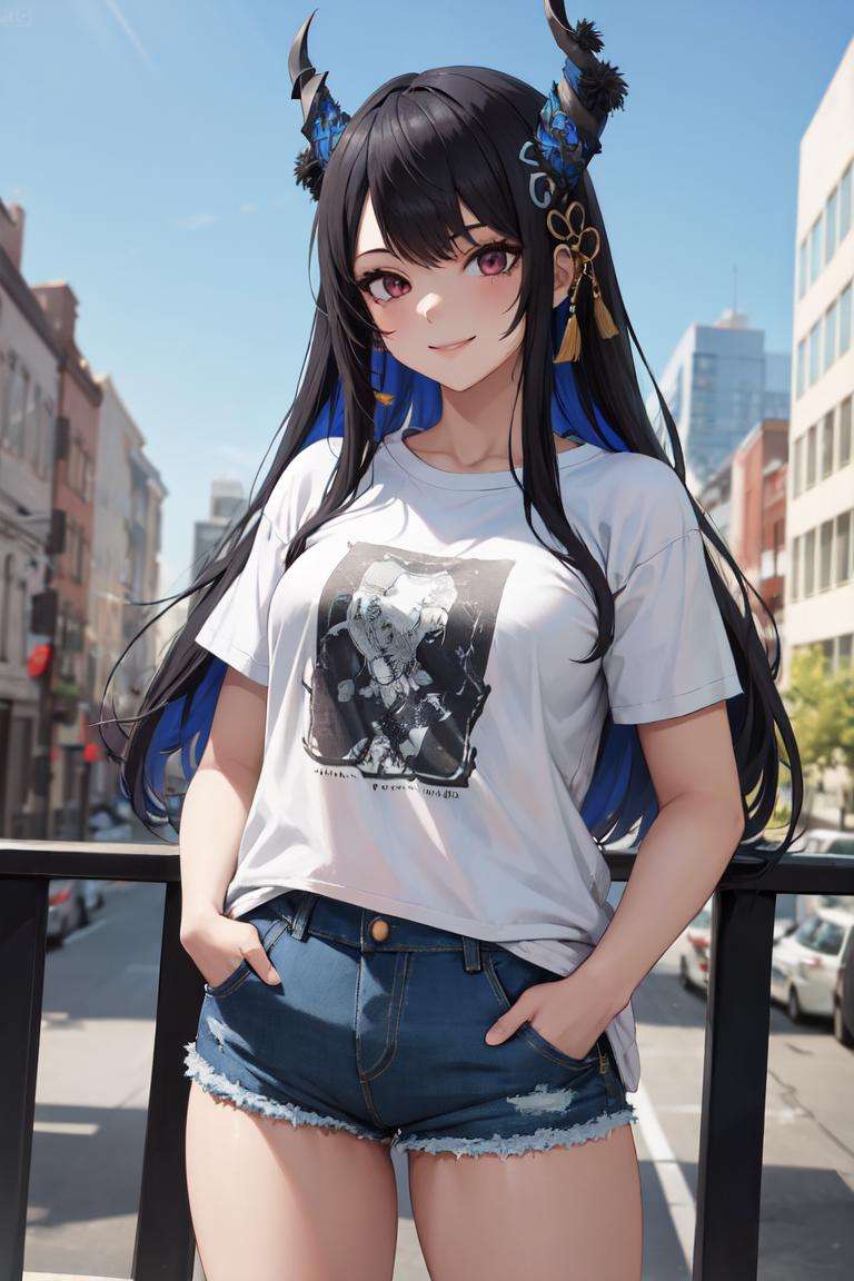 masterpiece, best quality, absurdres, perfect anatomy, 1girl, solo, NerissaRavencroft, horns, hair ornament, graphic tee, denim shorts, standing, outdoors, city, hands in pockets, smile, <lora:NerissaRavencroft:0.8>