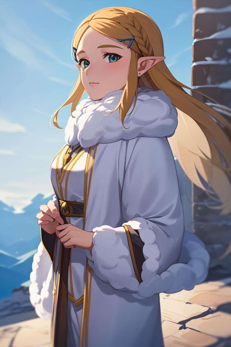 masterpiece, best_quality, 1girl, solo, princess zelda, nintendo, the legend of zelda, botw, fur trim, fur trimmed coat