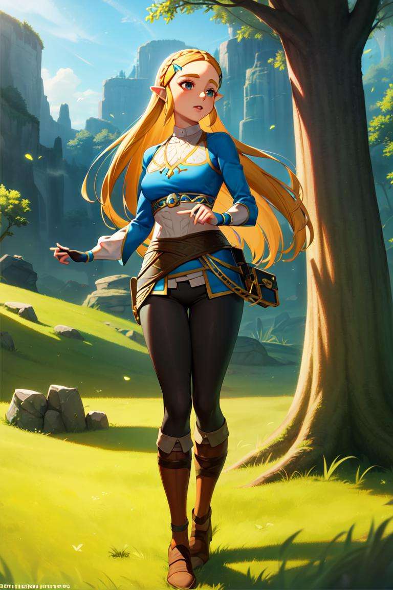 masterpiece, best_quality, 1girl, solo, princess zelda, nintendo, the legend of zelda, botw, black pants