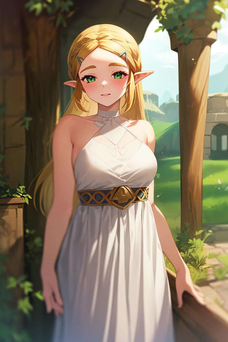 masterpiece, best_quality, 1girl, solo, princess zelda, nintendo, the legend of zelda, botw, white dress, dress