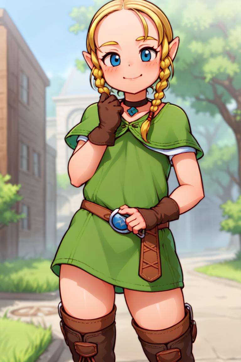 masterpiece, best_quality, 1girl, solo, linkle, nintendo, the legend of zelda, braid, twin braids, choker, thigh boots, zettai ryouiki, lasto