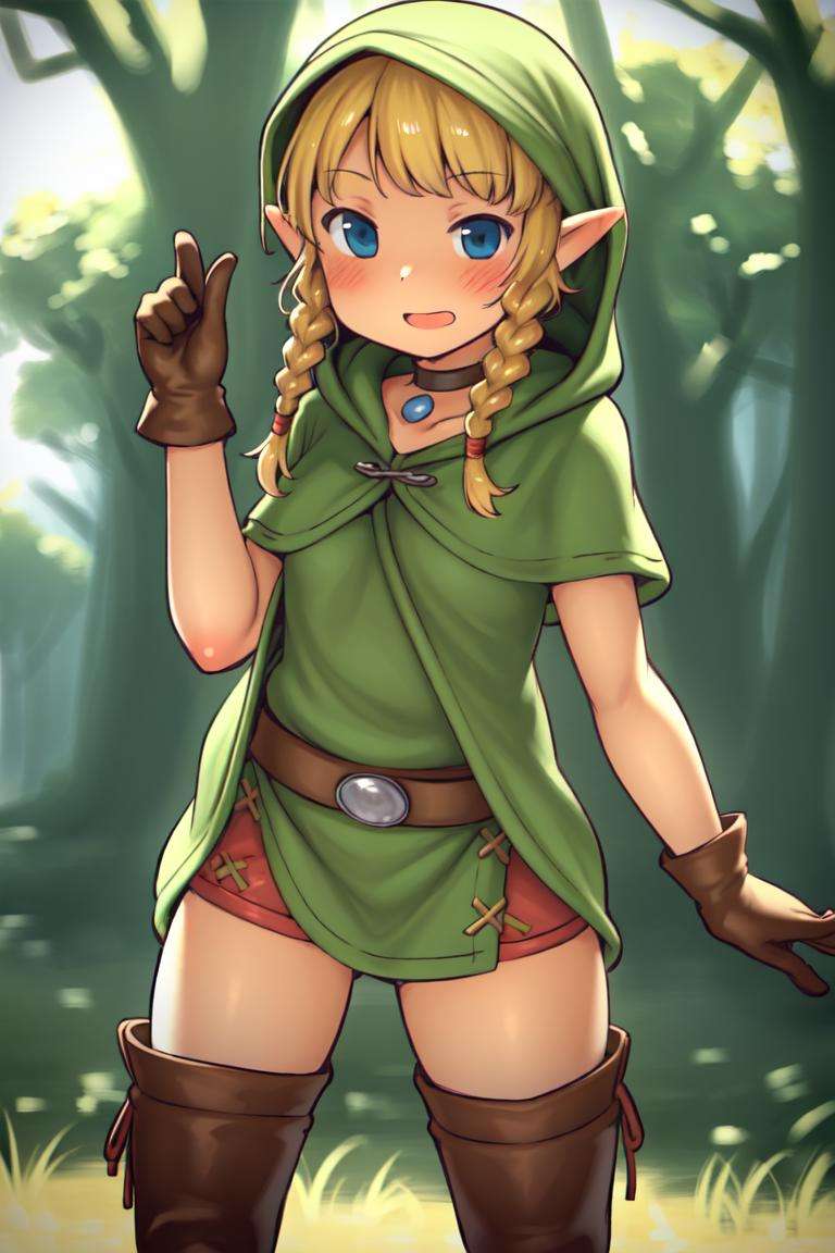 masterpiece, best_quality, 1girl, solo, linkle, nintendo, the legend of zelda, braid, twin braids, choker, thigh boots, zettai ryouiki, aaaa \(quad-a\), 