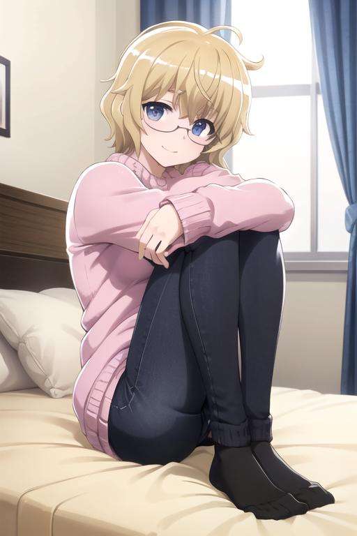 (extremely detailed CG unity 8k wallpaper), (masterpiece), (best quality), (ultra-detailed), (best illustration), (best shadow), (absurdres), 1girl, solo <lora:mayura-10:0.8>, momouchi mayura, messy hair, (sitting, hugging own legs:1.2), bed, bedroom, (pink sweater:1.2), black jeans, socks, looking at viewer, smile