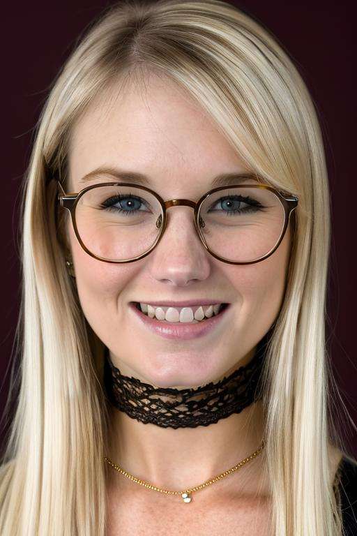 glasses, Sharp Focus, wo_jewel01, her expression is happy with a big smile, blonde hair,  (close-up:0.8),  low key lighting, shot on Lumix GH5, cinematic bokeh, lace choker, (simple background:1.2), teasing, detailed skin, <lora:woJewel01:0.85>