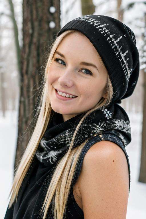 head and shoulder shot, a portrait of a beauty wo_jewel01, black sleeveless dress with a scarf, her hair is long and blonde, detailed skin, happy with a smile on her face, (high detailed:1.2), at the woods in the snow, 8k, uhd, dslr, soft lighting, high quality, film grain, Fujifilm XT3, <lora:woJewel01:0.85>