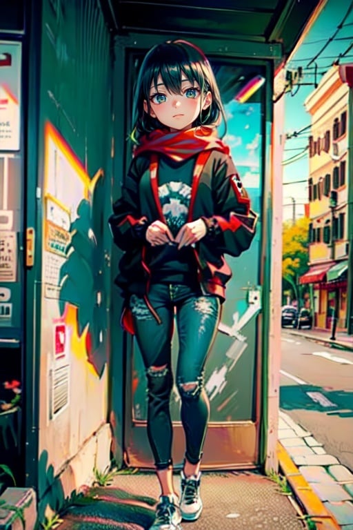 1girl, solo, long_hair, looking_at_viewer, blush, smile, bangs, black_hair, long_sleeves, green_eyes, simbol, standing, full_body, outdoors, shoes, pants, blunt_bangs, scarf, sweater, tree, black_pants, red_footwear, sneakers, leggings, photo_background, correct_anatomy