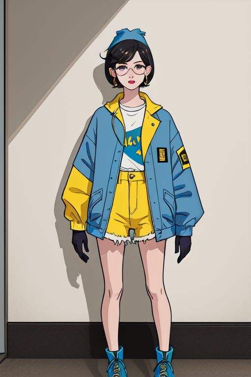 angle view, Image in ukj style, jubilee,short black hair,brown eyes ,lips ,lipstick,dark skin,solo, standing, upper body, close up, jubJak, denim shorts , open yellow jacket, purple shades on head, hoop earrings ,((blue gloves)), pink shirt, blue boots, streets, chain fence, wall with graffiti, retro, (insanely detailed, beautiful detailed face, masterpiece, beautiful detailed eyes, best quality), (masterpiece, best quality, beautiful and aesthetic:1.2), (ultra-detailed, extremely delicate and beautiful:1.3)