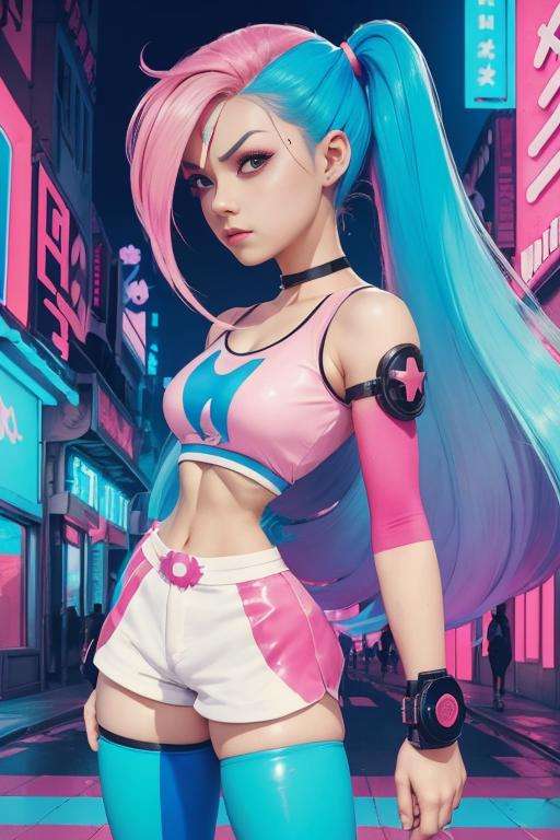 art by daniela uhlig, art by artgerm, white crop top, exposed midriff, (pink and blue trans flag colored hair), in a crowded city, twintails, side view, (looking at viewer:1.5)harley quinn, upper body, exposed thighs, thigh high stockings, gold inlay,  <lyco:microwaistV05:1.0> (colorful street, cyberpunk city:!.2)