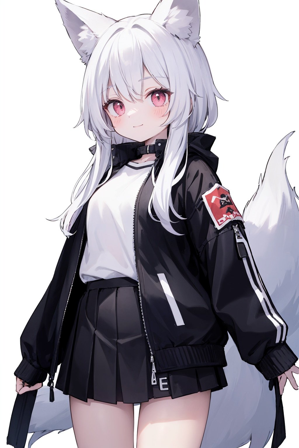 absurdres ,high res, ultimate detailed, high-resolution in elaborateness, (most beautiful girl:1.3), solo, large eyes, (pale pink eyes:1.1), drooping eyes  BREAK small breasts, (white skin:0.3), large fox ears, (pure white fox ears, pure white hair:1.3), long hair BREAK (expressionless smile:1), (oversized jacket:1.3), skirt,