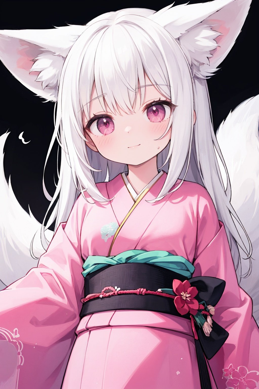 absurdres ,high res, ultimate detailed, high-resolution in elaborateness, (most cute loli:1.3), solo, large eyes, (pale pink eyes:1.1), drooping eyes  BREAK small breasts, (white skin:0.3), large fox ears, (pure white fox ears, pure white hair:1.3), long hair BREAK (expressionless smile:1), (kimono),