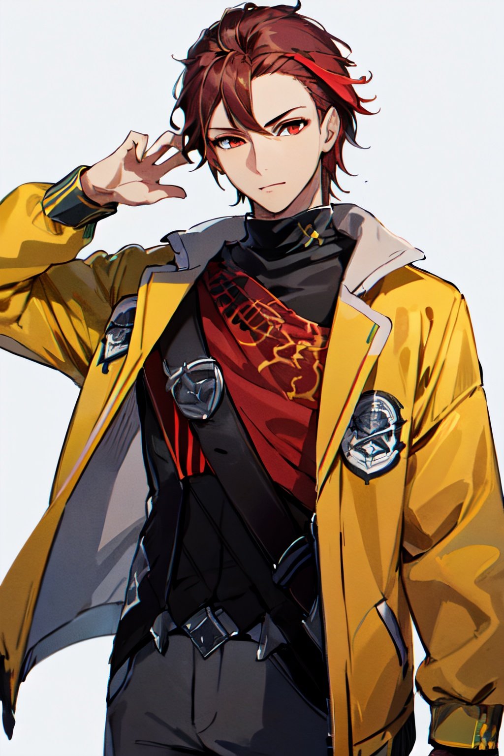 masterpiece, best quality, highres, diamant,1boy, red hair, red eyes, jacket, shirt, cowboy shot