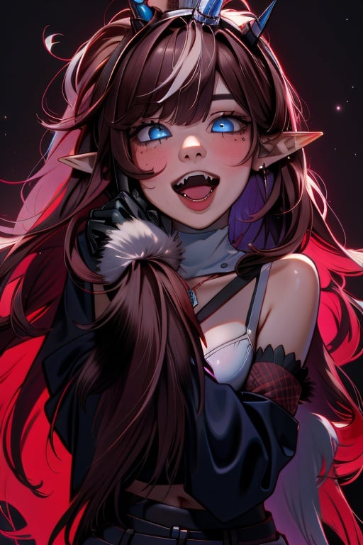 1girl, black gloves, blue eyes, blush, bra, breasts, brown hair, cleavage, eyewear removed, fur-trimmed sleeves, fur trim, gloves, groin,, horns, looking at viewer, mole, mole under eye, navel, pointy ears, simple background, single horn, medium breasts, smile, underwear, white bra, cowboy shot, soft cinematic light, adobe lightroom, photolab, hdr, intricate, highly detailed, ahegao, dog tongue out, smile, (open mouth:1.3), open eyes, teeth, (fangs:1.2), (hands on own face:1.5),  blush, simple background, flat colors, simple colors, pastel colors, pastel \(medium\), vaporwave, (detailed:1.3), detailed background, landscape background, nature background, (1990s \(style\):1.3), 1girl, serious face, best quality, girl, solo, masterpiece, best quality, ultra-detailed, dark studio, dimly lit, low key, masterpiece, best quality, ultra-detailed, illustration, (dark theme:0.9), detailed face, absurdres, highres, ultra detailed, realistic face, ultra realistic, detailed background, , Detailedface, Detailedeyes, costume2,AGGA_STH002,normal, Ahegao