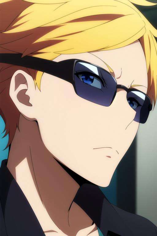 masterpiece, best quality, wallpaper, 1boy, solo, male focus, looking at viewer, upper body, depth of field, , , <lora:birthday_hamatora:0.66>, birthday_hamatora, blonde hair, blue eyes, sunglasses