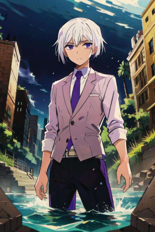 masterpiece, best quality, sketch, 1boy, solo, male focus, looking at viewer, , depth of field, , , <lora:art_hamatora:0.72>, art_hamatora, white hair, purple eyes, , Atlantis: A lost city of great wisdom and power, now drowned beneath the sea, 16k resolution