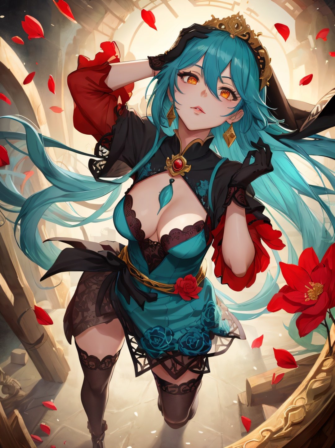 Hypershading:0.5, Masterpiece, absurdres, Manga, ultra-detailed portrait, a beautiful woman in paradise, sultry, lips, nose, long hair, sidelocks, hair between eyes, detailed hair. eyes, breasts, gorgeous, curvy, intricate, two tone dress, blue dress, patterned clothing,  trim, gloves, official alternate costume, (shirt), headband, detached sleeves, asymmetrical legwear, full body, looking at viewer, colorful, Illustration, (skin details, high detailed skin texture), (ambient light:1.2), (Dark hue:1.1), extremely detailed wallpaper, (thematic background:1.1), art by (Aaron Hortkey:0.9) and (Carnelian:1.1), cinematic, covergirl, backlighting, dynamic lighting:1.1, caustics, cowboy shot, reflective, hrd, scenery, light particles, dslr, depth of field, 8k resolution, [small details], falling petals,  high fantasy,  [vibrant colours], {black|gold trim}, oasis, [natural lighting], highly detailed, (intricate:1.2), waisshu_(sougyokyuu)