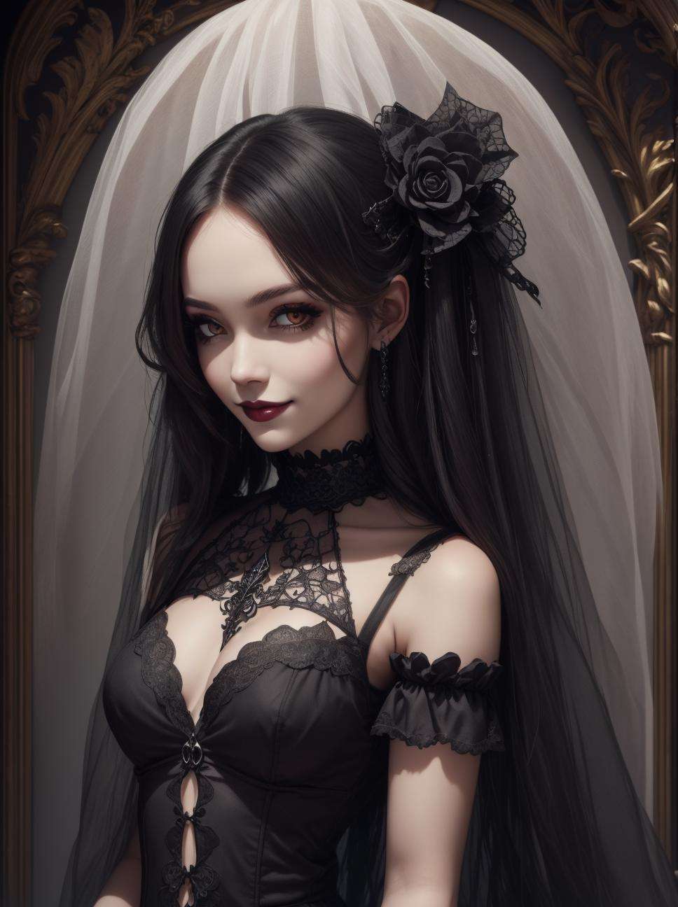 Gothic style gothic style breathtaking, 8k, masterpiece, highly detailed, solo, beautiful girl, (side up), (su hair), smile, inviting, <lora:side_up-1.0:0.8>, ornate, detailed . Dark, mysterious, haunting, dramatic, ornate, detailed