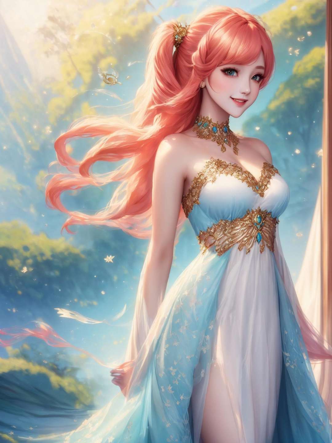 ethereal fantasy concept art of  breathtaking, 8k, masterpiece, highly detailed, solo, beautiful girl, (side up), (su hair), smile, inviting, <lora:side_up-1.0:0.8>, . magnificent, celestial, ethereal, painterly, epic, majestic, magical, fantasy art, cover art, dreamy