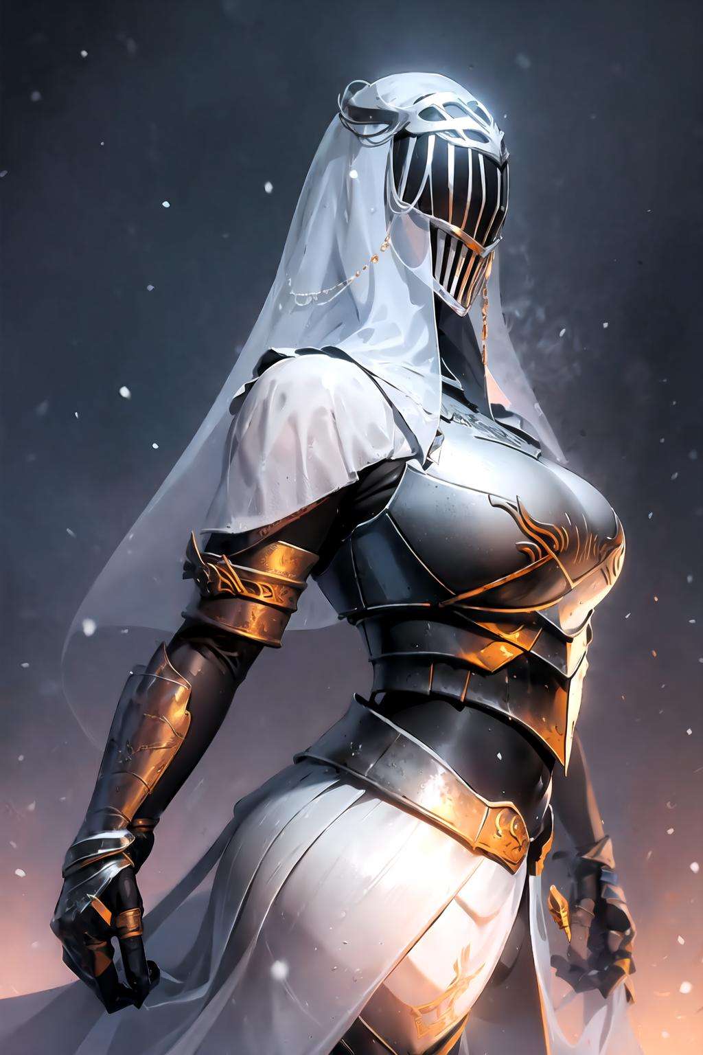 1girl, knight, helm, large breasts, squatting, blue veil, upper body, hair ornament,  <lora:Dancer_of_the_Boreal_Valley:0.8>, snow,