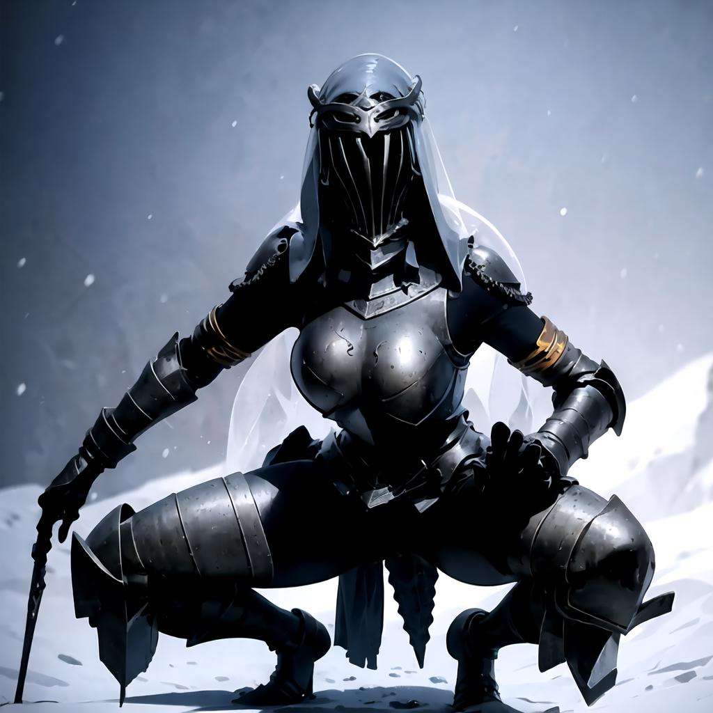 1girl, full body, knight, squatting, spread legs, arms behind back, helm, large breasts, squatting, blue veil, upper body, hair ornament,  <lora:Dancer_of_the_Boreal_Valley:0.8>, snow,