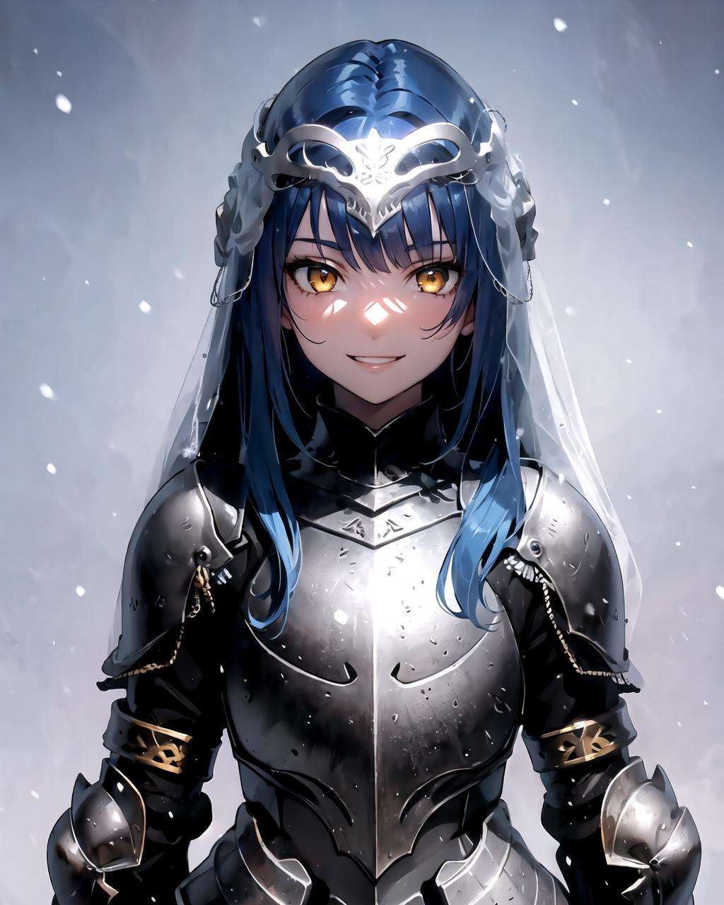 1girl,  upper body, blue hair, yellow eyes, smile, holding helm, helm, knight, blue veil,  <lora:Dancer_of_the_Boreal_Valley:0.8>, snow,