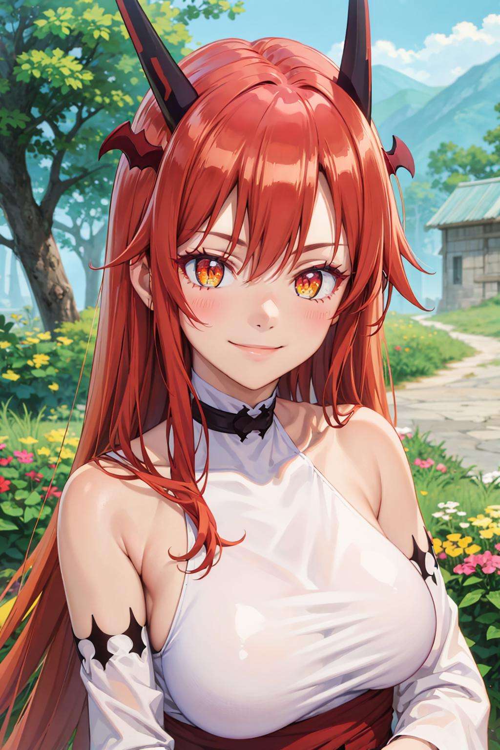 (best quality:1.1), (masterpiece:1.4), (absurdres:1.0), portrait, close-up,1girl, tania, KizukiAi, dragon girl, dragon horns, red hair, orange eyes, large breasts, long hair, collar, white top, long red skirt, detached sleeves, looking at viewer, oudoors, tavern, (blush:1.1), (smile:1.2),<lora:Kizuki - Beast Tamer - Tania:1>