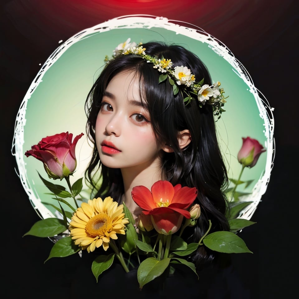 1 girl, charming, masterpiece, best quality, (simple background), (Circle), portrait, Flower Wreath, Art,