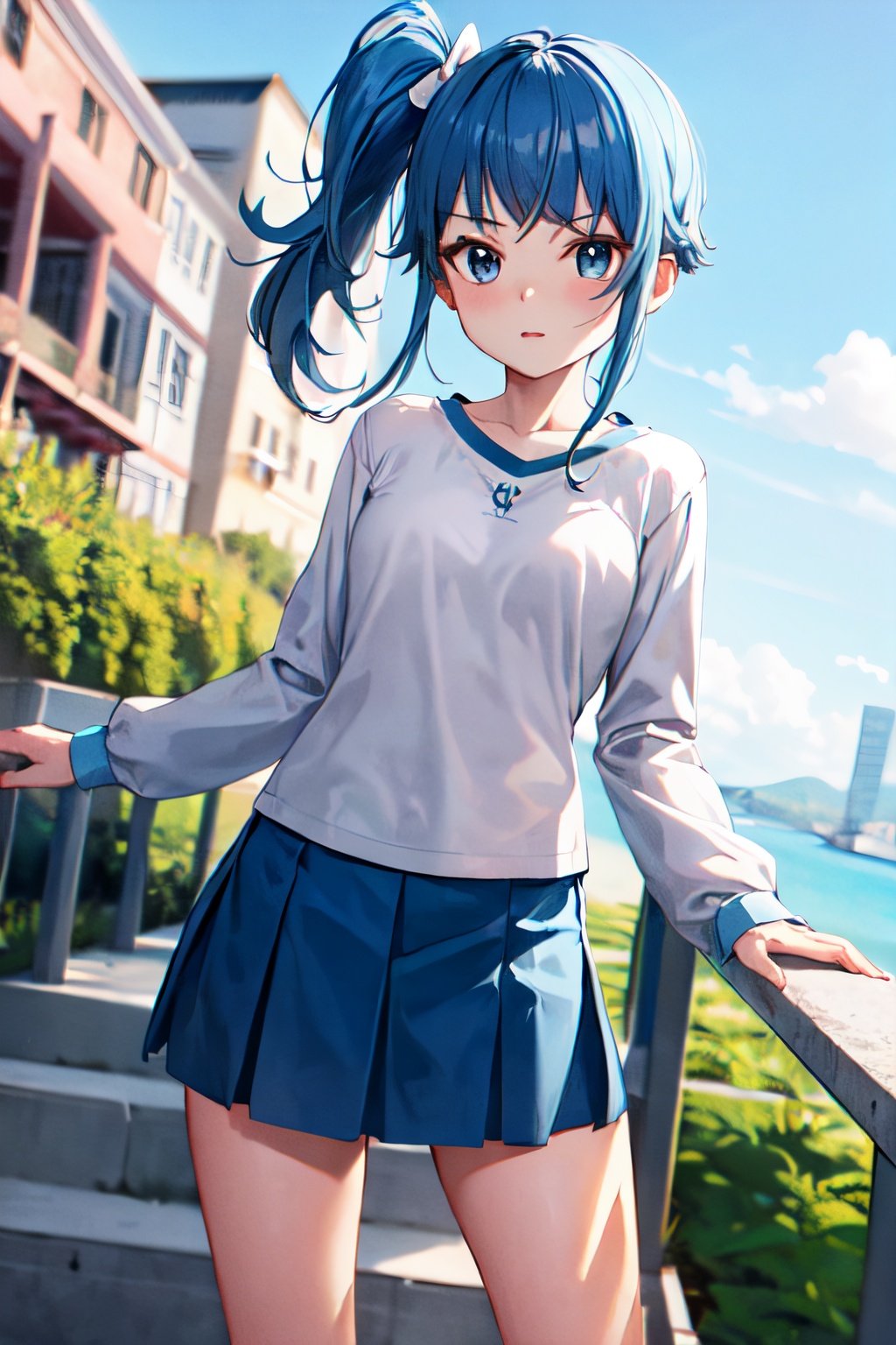 masterpiece, best quality, highres, sora, blue hair, side ponytail , shirt, blue skirt, long_sleeves, blue socks