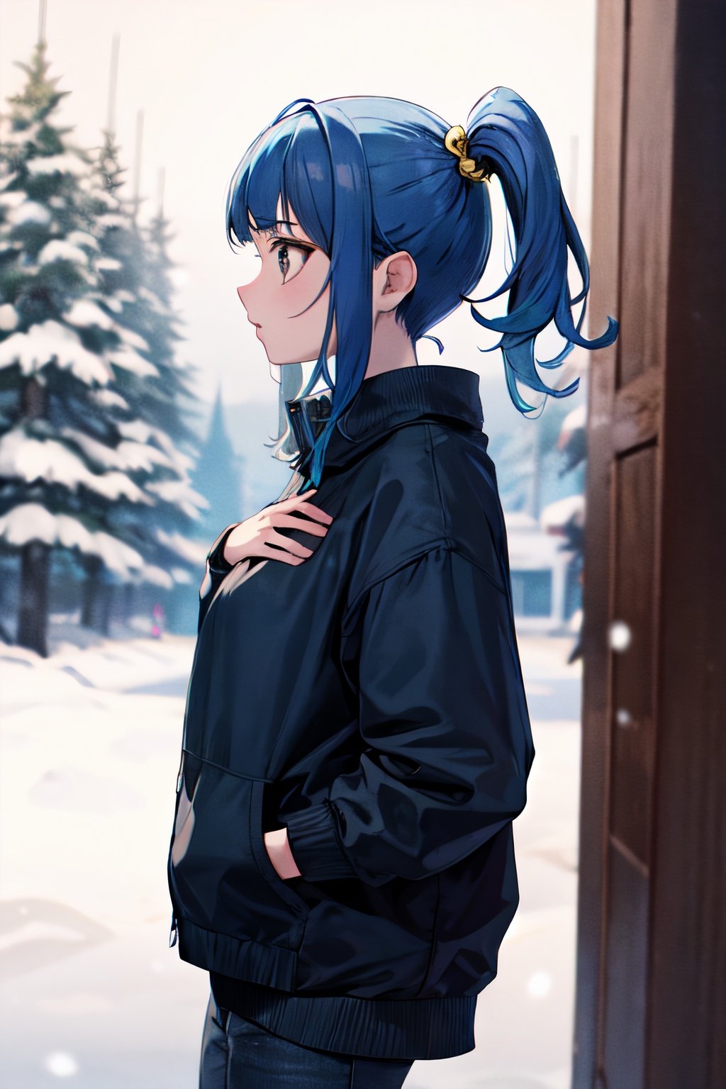 masterpiece, best quality, highres, sora, blue hair, side ponytail , sweater, snow