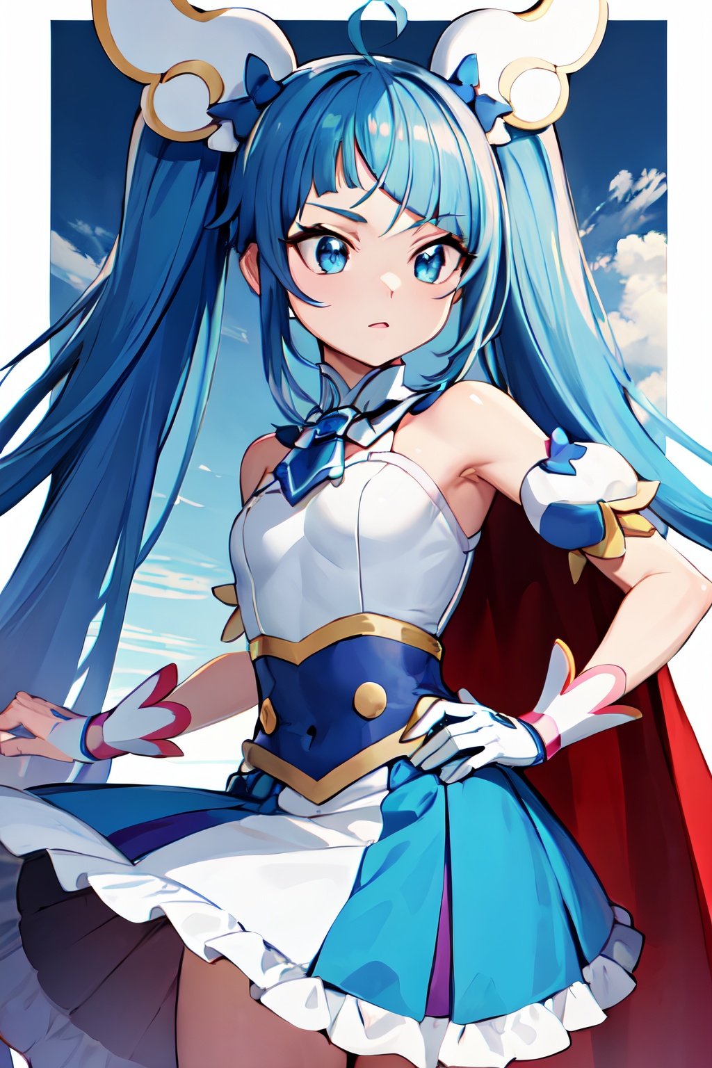 masterpiece, best quality, highres, sora, blue hair, magical girl, twintail, blue skirt, cape, bare_shoulders