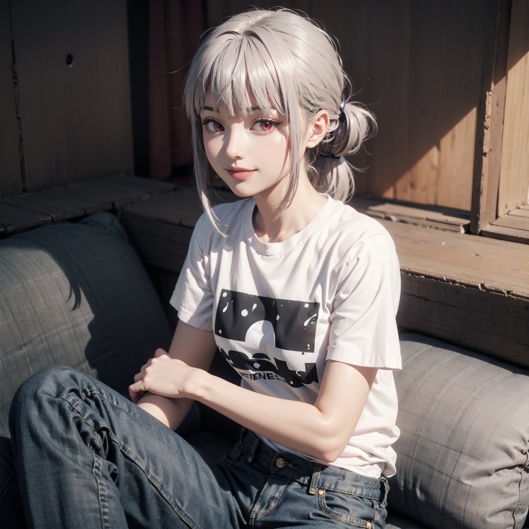 1girl, solo, short hair, gray hair, (red eyes:1.2), low ponytail, blunt bangs, smirk, t-shirt, jeans