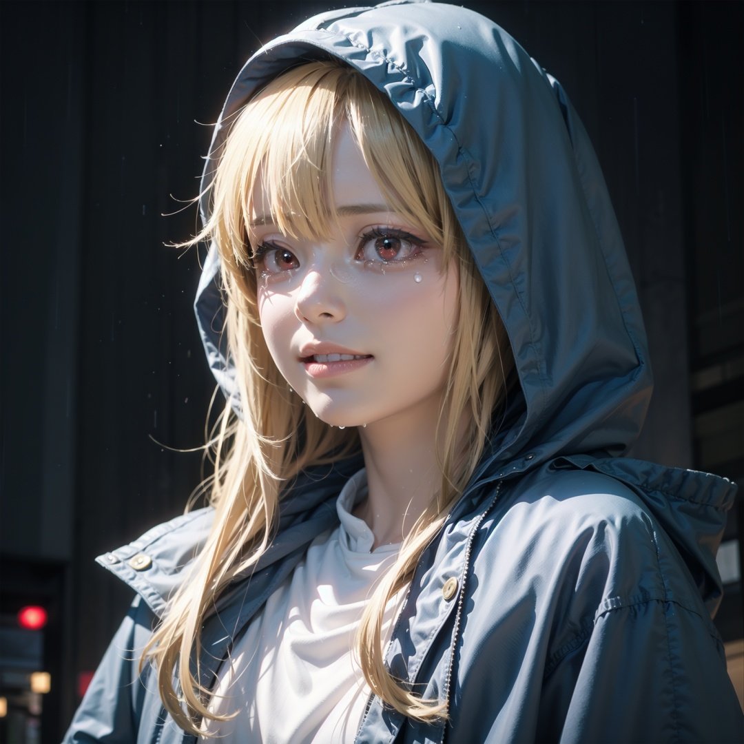 girl, blonde hair, red eyes, rain, looking down, smile, (tears:1.2), blue raincoat, hood up, town, realistic