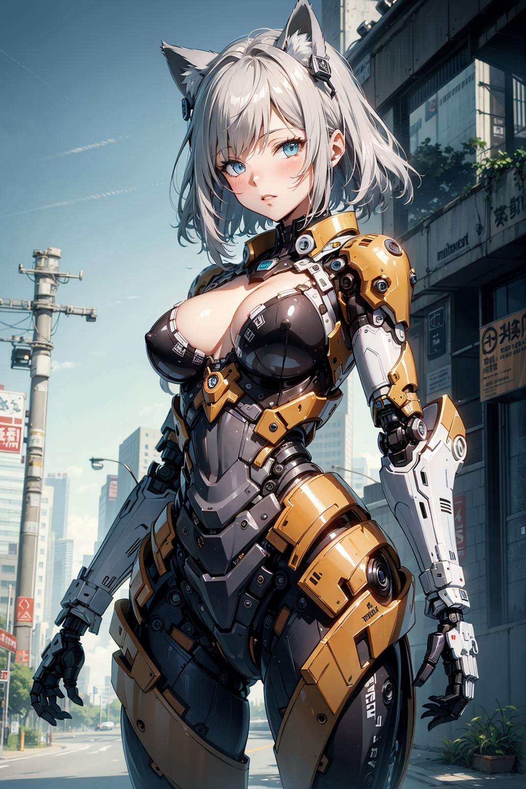 masterpiece,best quality,ultra-detailed, , 1girl,solo,, grey theme, mecha musume, mechanical parts,robot joints, blush,standing,cowboy shot, cat ears,sakamata,<lora:mecha_v1:0.64>