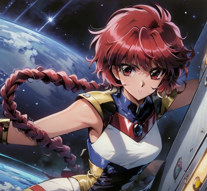 <lora:HIKARU-10:0.75>, (masterpiece, best quality:1.4), absurdres, best illustration, (Traditional Media), Manga, (dynamic_angle:1.2), (dynamic_pose:1.2), [anime visual], centered, official art, (cowboy shot:1.3), hikaru_rayearth, spacecraft interior, indoors, window, space, dark, 2d, solo, retro artstyle, 1990s \(style\), (ultra-detailed), 8k resolution, (red hair, single braid:1.2), science fiction, space art:0.3 blurry background, depth of field, sharp focus, volumetric lighting, rim lighting, (outline), ((scenery)), extremely detailed background,  <lora:lowra_v10:0.3>