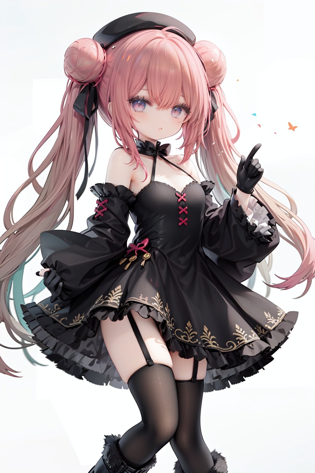 1girl, dress, double bun, hair bun, long hair, black dress, twintails, looking at viewer, **ile, hat, bangs, brown hair, white background, solo, open mouth, blush, black headwear, very long hair, garter straps, thighhighs, bare shoulders, beret, :d, ribbon, black gloves, simple background, long sleeves, nail polish, black footwear, red ribbon, bow, gloves, wide sleeves, animal, hair ribbon, boots, red nails, sheath, sheathed, hair between eyes