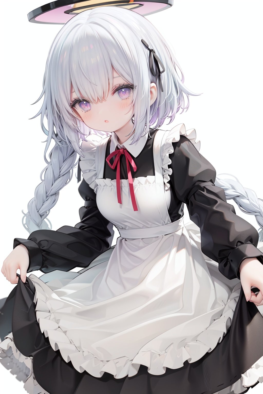 1girl,  solo,  apron,  long hair,  hair over one eye,  white background,  frills,  braid,  halo,  long sleeves,  dress,  simple background,  white hair,  white apron,  puffy sleeves,  very long hair,  frilled apron,  maid,  purple eyes,  ribbon,  parted lips,  maid apron,  bangs,  juliet sleeves,  black dress,  neck ribbon,  looking at viewer,  single braid,  blush